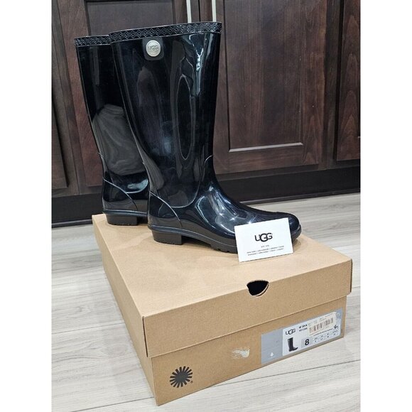 Ugg Women's Glossy Black Rain Boot Size 8 With Box Waterproof Midcalf - Picture 10 of 13